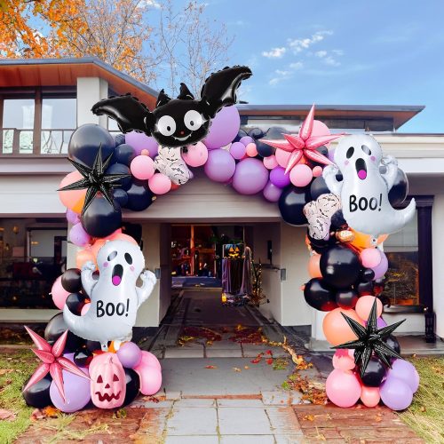 Halloween trunk or treat car Balloon Garland Arch Kit Pink Black Purple with Cute Bat Ghost mylar foil Balloons for Girls Two spooky Birthday Baby Shower BOO Day Party Supplies Decorations