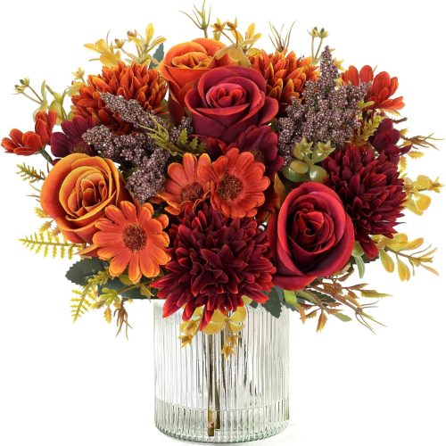Dremisland Artificial Fall Flowers Like Real Artificial Bouquet 2 Packs Silk Artificial Roses Bouquet with Daisy Chrysanthemum Orange Red Fall Flowers for Centerpiece Table Autumn Halloween Decor