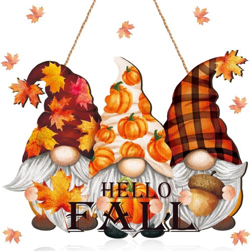 Thanksgiving Welcome Door Sign Harvest Turkey Gnome Wreaths Fall Hanging Sign Wood Vintage Autumn Decorations Rustic Pumpkin Wall Plaque with Rope for Farmhouse Porch Door(Pumpkin Gnome Style)