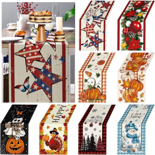 8 Pcs Fall Holiday Seasonal Table Runner Autumn Pumpkin Plaid Leaves Table Runner Thanksgiving Halloween Christmas Winter Kitchen Dining Decor for Party Supplies Home