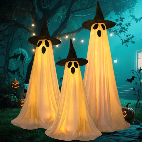 3 Pack Ghost Halloween Decorations Outdoor, Light Up Ghost Decorations with 8 Modes & Timer, Battery Operated Halloween Lights Ghost Decor Indoor Outdoor Room Front Yard, Porch, Haunted House Party