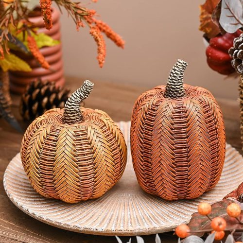 Fall Decorations for Home, Fall Pumpkin Decor, 2pcs Resin Pumpkin Decorations Indoor, Pumpkins for Decorating, Autumn Thanksgiving Table Decor, 5 inch