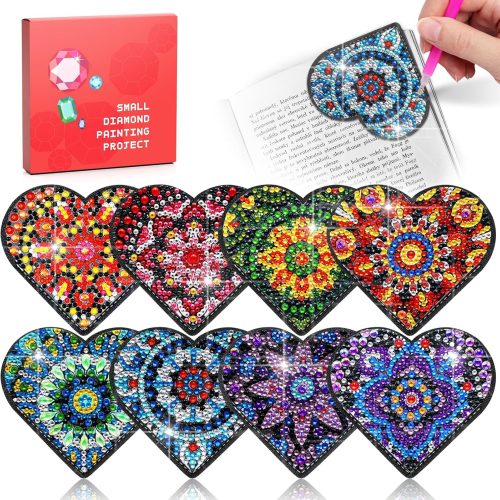 8 Pcs Diamond Art Painting Bookmarks Kit for Adult, DIY Diamond Paint Corner Book Makers Set, Small Dimond Art Kits, Art Crafts Kit Gifts for Women Mandala Heart Shape Black