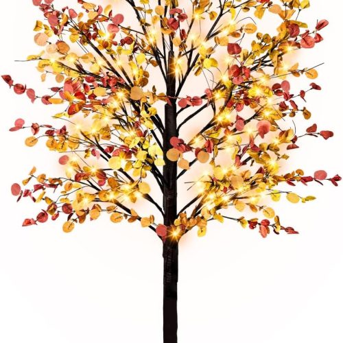 Lighted Eucalyptus Tree, 4FT Fall Tree With 48 Lights, Artificial Autumn Light Up Decorations for Home Indoor Outdoor Decor