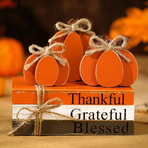 Jetec 6 Pieces Fall Pumpkins Table Decor Thanksgiving Wooden Pumpkin Signs Rustic Autumn Tiered Tray Decor Farmhouse Mini Book Stack Wood Block Fall Centerpiece Decorations for Home Office Desk Shelf