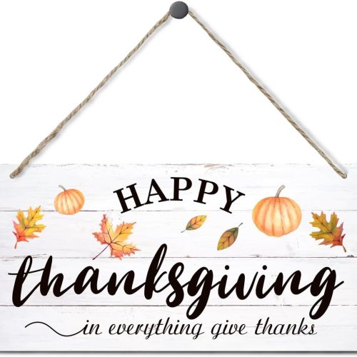 Fall Decoration, Thanksgiving Decor, Hanging Wood Sign Home Decorative, Pumpkin Leaves Wall Decor, Door Hanger, Home Farmhouse Decor for Thanksgiving, Happy Thanksgiving • In Everything Give Thanks