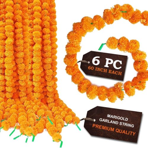 SATVIK Set of 12 Artificial Marigold Flower Garlands (60 Inch Each) – Faux Orange Floral Strings for Home, Wedding, Festival, Wall, Entryway, Indoor Outdoor Decorations