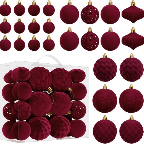 Artmag Velvet Christmas Ball Ornaments Set - 46pcs Shatterproof Plastic Flocked Christmas Tree Balls Assorted Sizes for Christmas Holiday Decor Decoration (Burgundy)