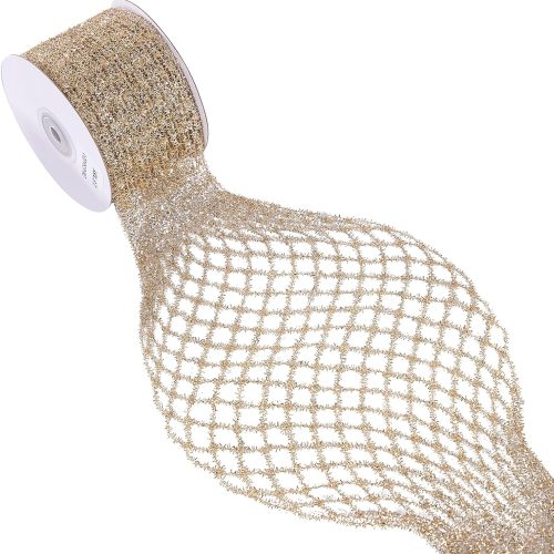 Gold Stretchable Glitter Metallic Mesh Ribbon Wired Web Ribbon Wide 2.5" to 7" for Christmas Tree,Wreaths,Home Decor, Gift Wrapping, DIY Crafts, 2.5” x 5Yards x 1 Rolls (Gold)