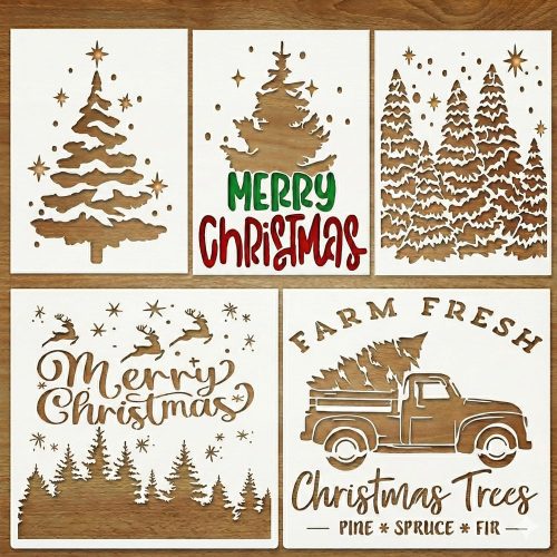 Christmas Stencils for Painting on Wood - Reusable Templates with Merry Christmas & Tree Designs - Large Holiday Stencils for Signs, Art & DIY Crafts