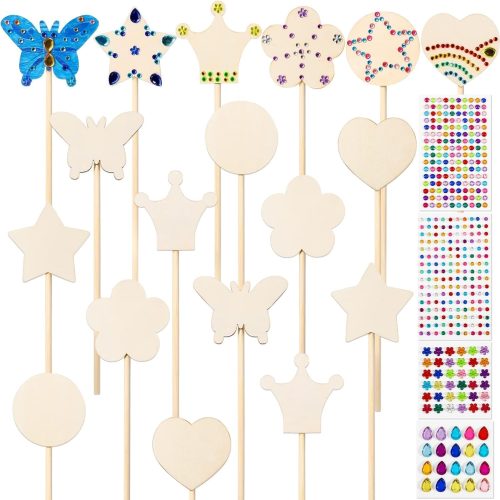 Princess Fairy Wands Kit Include 18 Pieces 6 Styles Unfinished Wooden Princess Wand and 4 Gem Stickers Princess Art Magical Show for Party Supplies