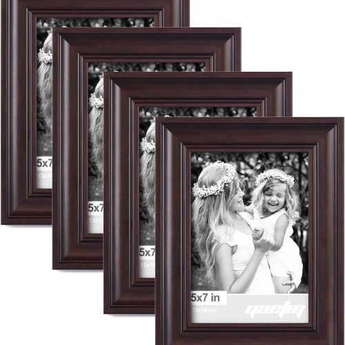 CT0209-PF160GT_1 Yaetm 5x7 Picture Frame Set of 4, 1.4” Wide Molding & Dark Brown Photo Frames 5 x 7 with HD Tempered Glass, Display on Tabletop & Wall Mounting (4 Pack, Brown)