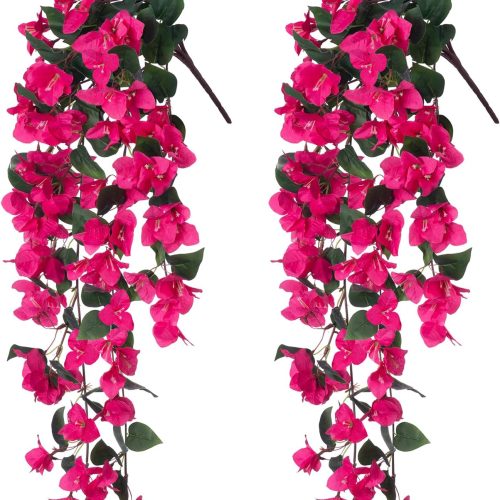 Ivydale 2PCS Artificial Bougainvillea Hanging Flowers Faux Plants for Outdoor Outside Summer Decoration, Fake Silk UV Resistant Realistic Long Trailing Vines for Home Porch Patio Balcony Yard, Hotpink