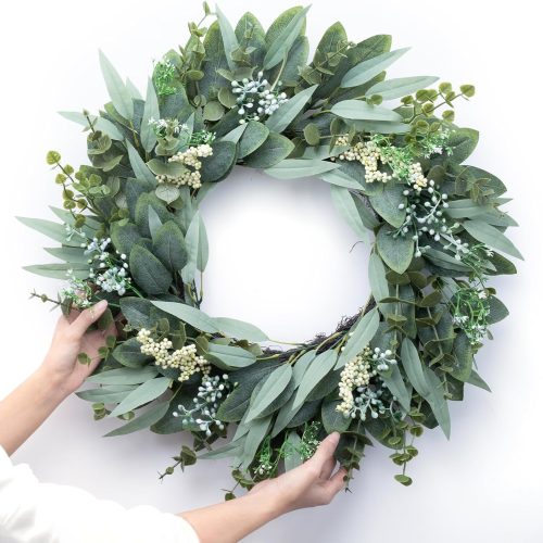 Eucalyptus Wreaths 22" Large Artificial Greenery Outdoor/Indoor Wreath Spring/Summer Wreath Green Wreaths for Front Door Porch Window Wall Hanging Decor All Year Round Wre-ath（Green）