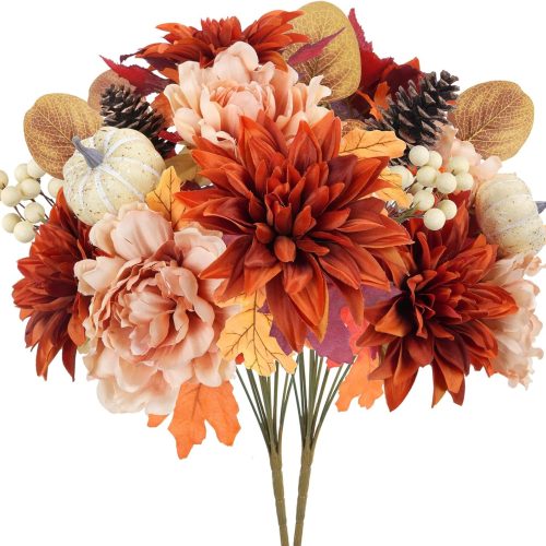 HUAESIN 2 Bundle Artificial Fall Flowers Bouquets Faux Dahlia Peony Flowers Bouquets with Pumpkin Pinecones Silk Flowers Arrangement for Home Farmhouse Table Wedding Centerpieces Autumn Decor