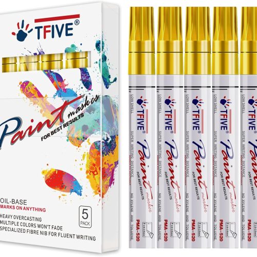 TFIVE Gold Paint Marker Paint Pens - 5 Pack Oil Based Permanent Marker Pen, Medium Tip, Waterproof & Quick Dry, for Office, Art projects, Rock Painting, Ceramic, Glass, Wood, Plastic, Metal, Canvas