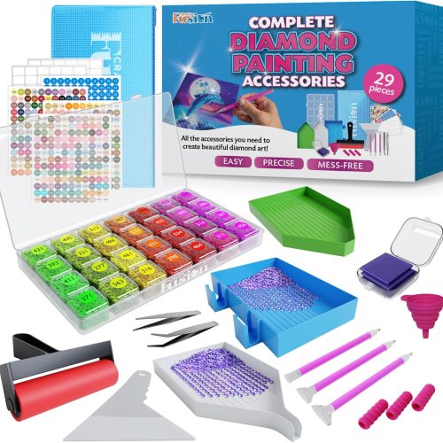 Craft Fusion Diamond Painting Tools and Accessories - Diamond Art Kits for Adults and Kids - DIY Bead Organizer Box with Small Grid Storage Containers, 28 Parts, Includes Sticker Pack