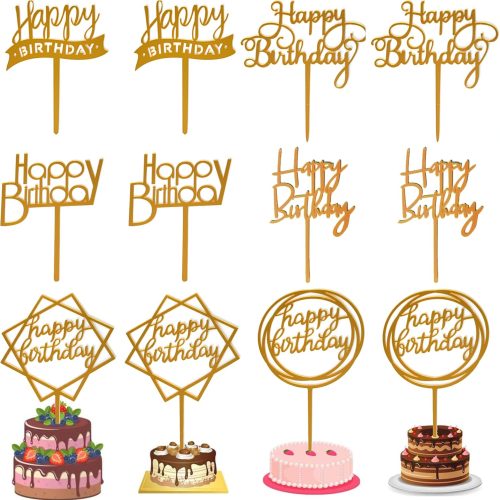 CT0327-CC-05GT_1 12 Pack Multi Styles Birthday Cake Topper Set, Acrylic Cake Bunting Decor Birthday Cake Picks Party Decorations Supplies(Gold)