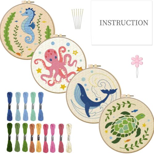 INFUNLY 4 Sets Embroidery Kit for Beginners with Sea Animals Pattern DIY Embroidery Kit for Adults Ocean Embroidery Art Kit Turtles/Seahorses/Octopuses/Whales Cross Stitch Kit with Embroidery Hoops
