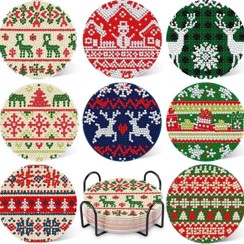 DOTZSO 8 Pcs Christmas Diamond Painting Coasters with Holder Diamond Art Coasters for Beginners Adults & Beginner Diamond Art Kits for Adults Craft Supplies