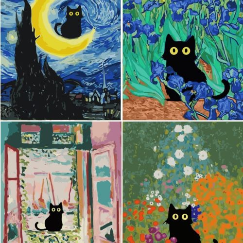 ARPADAMO Paint by Number Kits for Adults Beginners, Press Digital Easy Acrylic Black Cat 4 Pieces Paint, DIY Watercolor Paint Press Digital Kit on Canvas Home Wall Decoration Without Frame 12×16 inch