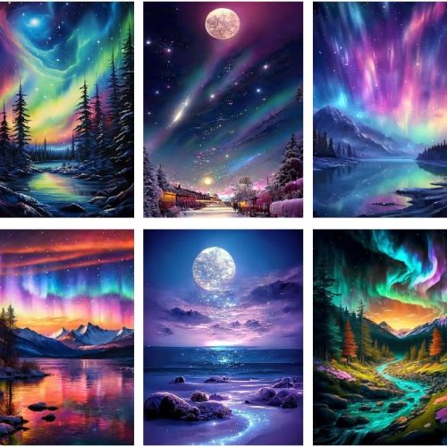 Fuinkqe 6 Pack Paint by Number Kit for Adults Beginner, Polar Lights Moon Landscape DIY Acrylic Painting Paint by Numbers Kits on Canvas for Gift Home Wall Decor 10x14inch