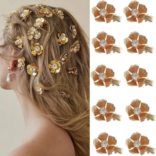 10 Pcs Alloy Flower Hair Clips Mini Metal Gold Duck Clip Hairpin Flower with Rhinestones Hair Bangs Clips for Women