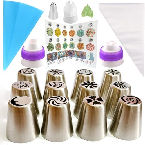 Russian Piping Tips Set, 48PCS Flower Piping Tips for Cake Decorating Large Frosting Piping Kit Icing Bags and Tips Set, Pastry Bags and Tips Cupcake Decorating Kit Cookie Baking Supplies and Tools