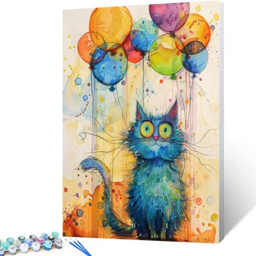 Tucocoo Abstract Blue Cat Paint by Numbers Kits 16x20 inch Canvas, Watercolor DIY Oil Painting for Adults with Brushes and Acrylic Pigment, Colorful Ballons Picture for Home Decor (Without Frame)