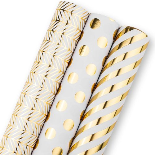 Flyhill Gold Birthday Wrapping Paper Roll - Mini Roll,3 Rolls-Metallic Gold Foil Gift Wrap with Polka Dots,Stripes,Geometry Design for Birthday, Baby Shower, Wedding-17 inch x 120 inch Per roll