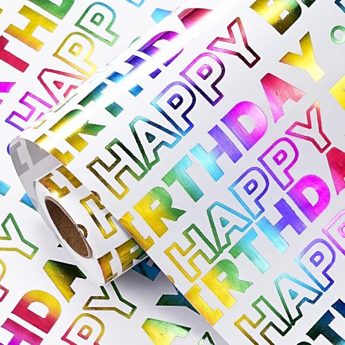 LeZakaa Birthday Wrapping Paper Roll, Happy Birthday Lettering Colorful Holographic Foil Design for Baby Shower, Holiday Party Gift Wrap, Mini Roll, 17 inches x 16.4 Feet (23.2 sq.ft.)