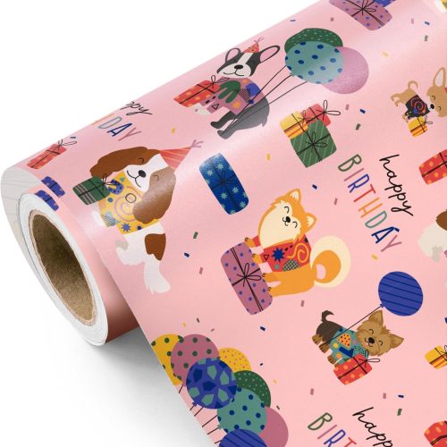 WRAPAHOLIC Dog Birthday Wrapping Paper Roll - Mini Roll - 17 Inch x 9.8 Feet - Pink Puppy Dog, Perfect for Party, Holiday
