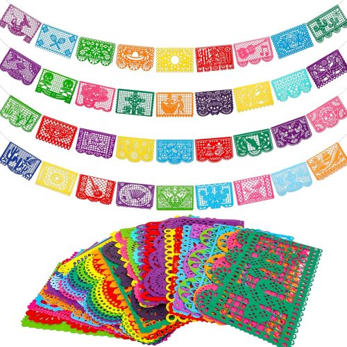 Mexican Fiesta Felt Banner - 4pcs, 11.8 x 7.9 inch, Cinco de Mayo, Day of The Dead, Papel Picado, 4 Different Designs
