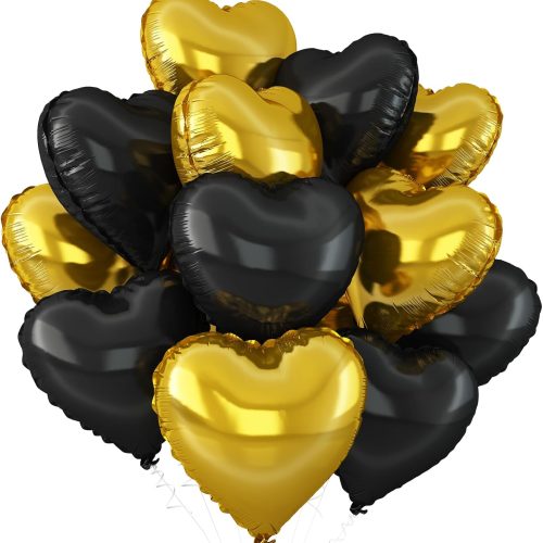 Black Gold Heart Balloons,12Pcs Black Heart Shaped Foil Balloons,18Inch Gold Helium Polyester Film Balloon for Baby Shower Birthday Anniversary Wedding Party Decorations