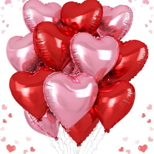 Pink Red Heart Balloons, 18 Inch Light Heart Foil Shape Balloon, 12PCS Pearl Red Pink Helium Foil Love Balloon for Birthday Bridal Shower Engagement Wedding Valentine Party Decorations