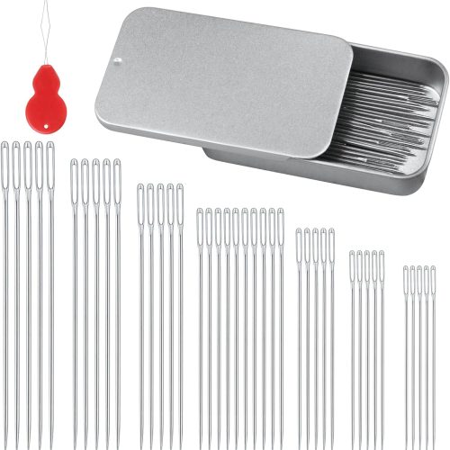 FIVEIZERO 80/40 PCS Large Eye Sewing Needles, 7 Sizes Sewing Sharp Needles, Leather Needle Embroidery Thread Needle, Stainless Steel Yarn Knitting Needles with Threaders for Handsewing Art Crafts
