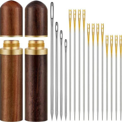 WILLBOND 24 Pcs Self Threading Sewing Needles Sets Large Gauge Needle Hand Sewing Needle Embroidery Needles with Wooden Case for Knitting Mending DIY Handsewing Art Crafts