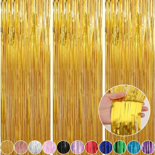 Crosize 3 Pack 3.3 x 9.9 ft Gold Foil Fringe Glitter Curtains Party Decorations, Tinsel Backdrop for Parties, Door Streamers for Birthday, Photo Booth Backdrops, Party Decor