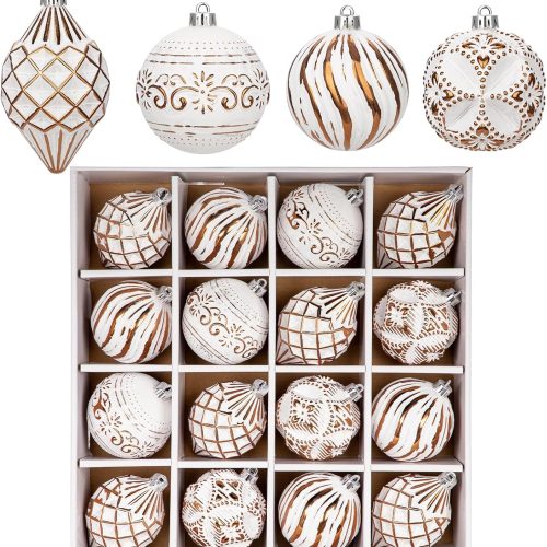 16PCS Shatterproof Christmas Ball Ornaments Set, Hand-Painted Holiday Decor with Assorted Sizes & Designs for Christmas Tree Thanksgiving Party Decoration, Bronze-White