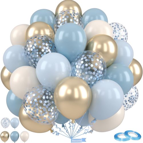 Dusty Blue and Gold Balloons, 12 Inch Blue Gold Balloons, Retro Fog Blue Metallic Golden White Confetti Balloons Latex Balloon for Wedding Baby Shower Gender Reveal Birthday Party Decoration