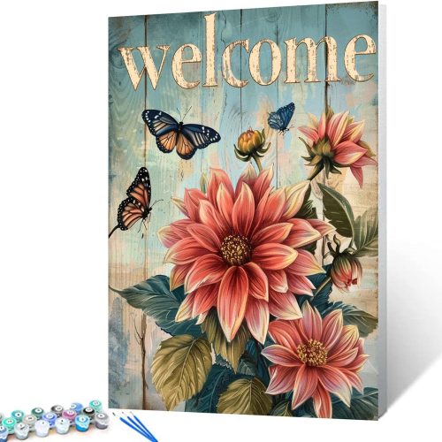 welcome Sign Paint by Numbers for Adults Beginners-Paint by Number Vintage Wood Grain,DIY Butterfly and Dahlia Acrylic Paint by Numbers Kits on Canvas for Adults Beginner 16x20inch(Without Frame)
