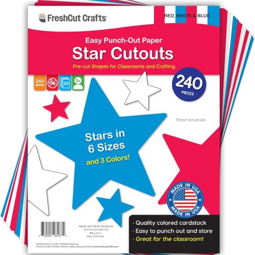 241 Pieces Star Cutouts, 2-Sided US Made Card Stock Punch Out Patriotic Red, White, and Blue Stars for Classroom Decor, Back to School DIY Craft Projects, Party Decoration, 4th of July Themed Events