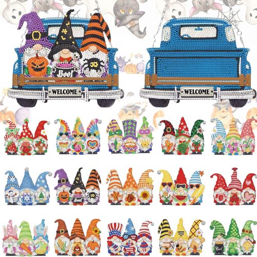 APCGSM 16PCS Interchangeable Diamond Painting Welcome Sign for Front Door Holiday Gnome Decor Blue Truck Hanging Sign Diamond Art Painting Kits for Adults Interchangeable Seasonal Decor for Home Wall
