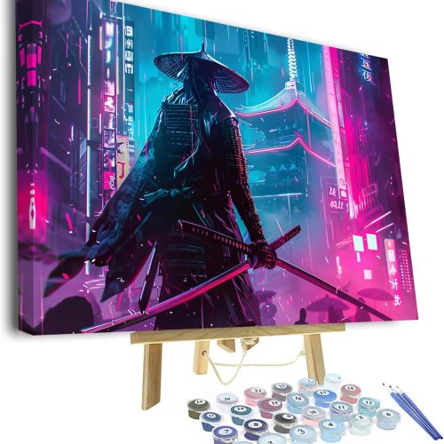 Rebotipy DIY Oil Painting Kit Modern Painting of a Samurai Painting Cyberpunk Fantasy Paint by Numbers for Adults Beginner with Paintbrushes for Home Wall Decor Framed 16 x 20 inch