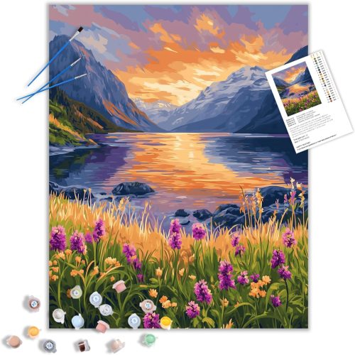 ARNLRDYA Lake Flower Paint by Number Kits, Mountain Landscape Paint by Number for Adult, Sunset Scenery Nature Plant DIY Acrylic Painting for Home Decor(16×20inches, Unframe)