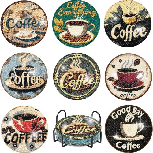 8Pcs Vintage Coffee Diamond Art Coaster Kit with Holder,Coffee Diamond Painting Coasters Kits,Crafts Kits for DIY Coasters Diamond Art Kits for Adults