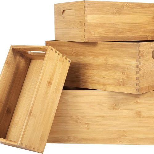 ANMINY Set of 4 Nesting Wooden Crates for Storage, Bamboo Wood Storage Containers Bins, Handmade Natural Large Wooden Storage Boxes Baskets with Handles for Organizing Shelf Closet Cabinet