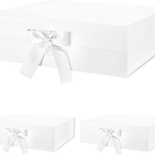 BLK&WH 3 Extra Large Gift Boxes with Ribbon 16.3x14.2x5 Inches, Large White Gift Boxes with Lids for Presents, Bridesmaid Proposal Boxes, Big Gift Boxes for Clothes and Large Gifts (Glossy White)
