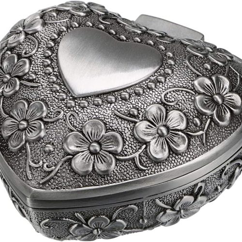 Hipiwe Vintage Heart Shape Jewelry Box - Small Antique Ring/Earrings/Necklace Storage Organizer Case, Metal Treasure Chest Trinket Keepsake Gift Box for Women