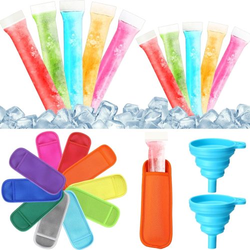 400 Piece Ice Mold Bags with Zip Seal Disposable Yogurt Tubes 2 Sizes with 2 Funnels 10 Reusable Ice Pop Sleeves for DIY Healthy Snacks, Juice, Yogurt Sticks, Fruit Smoothies